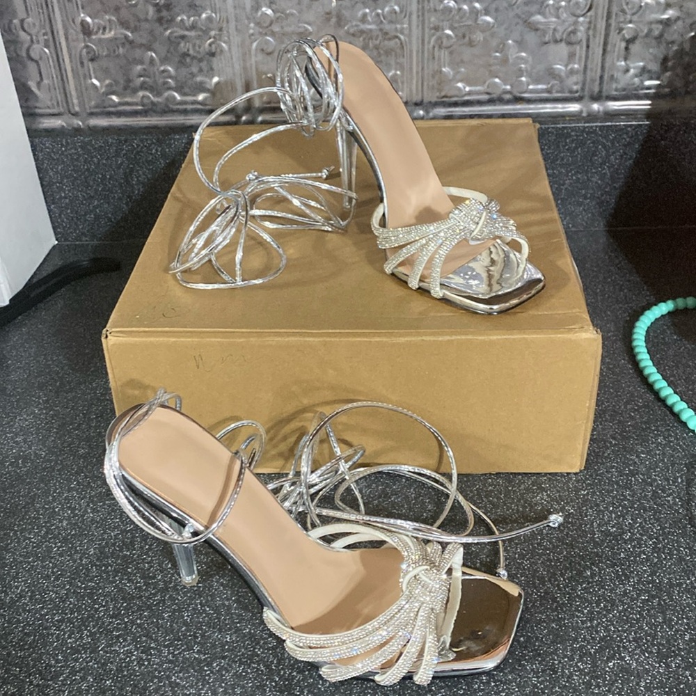 YODEKS High Heel Sandals Strappy Stiletto High Heel Open Square  Size 8 ( EU38)